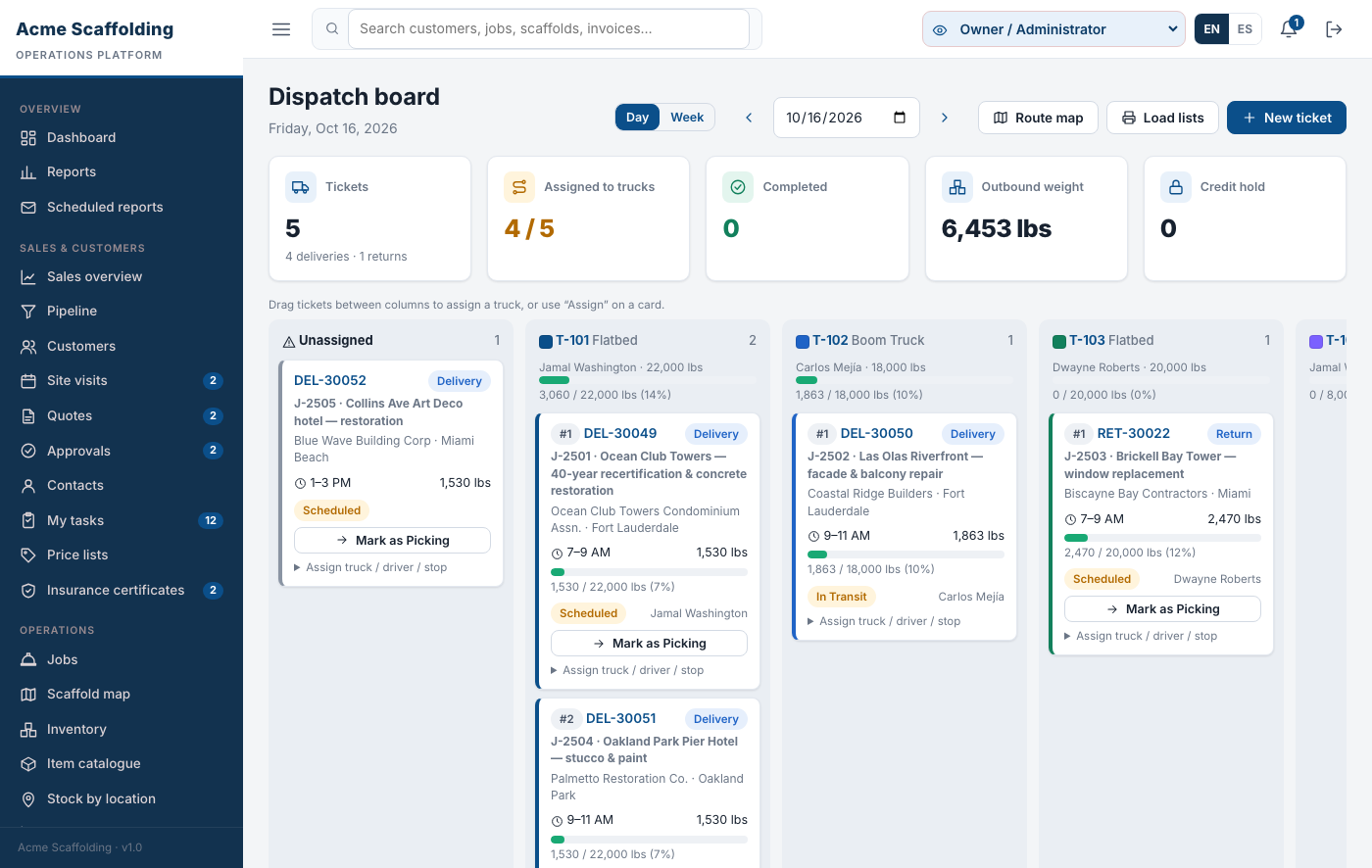 Dispatch board and the driver app on a phone