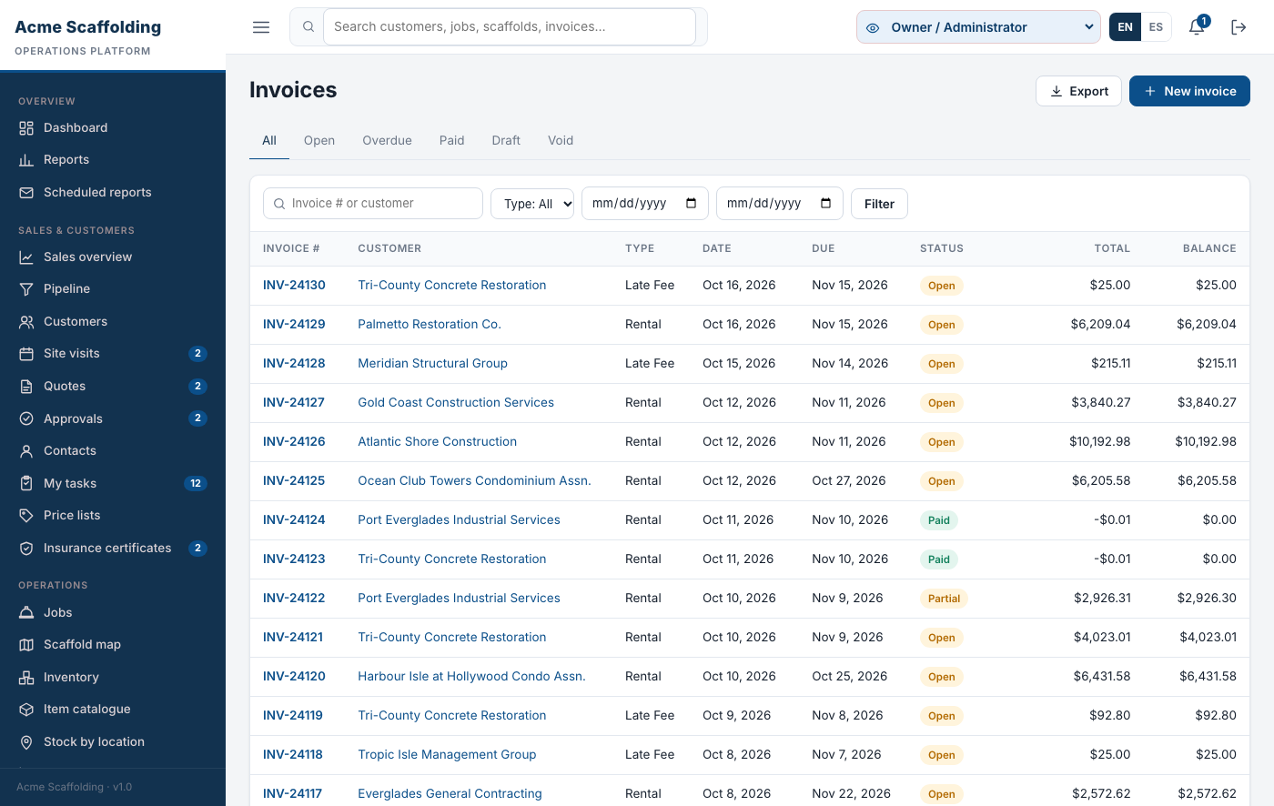 Invoices list with status and balance